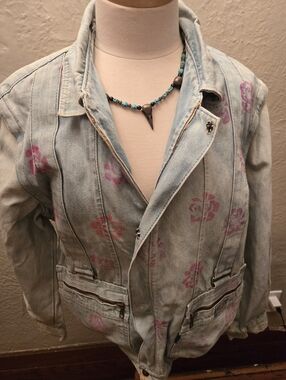 Vintage 80s/90s Hand Painted Denim Jacket Convertible Vest Floral Moto Utility